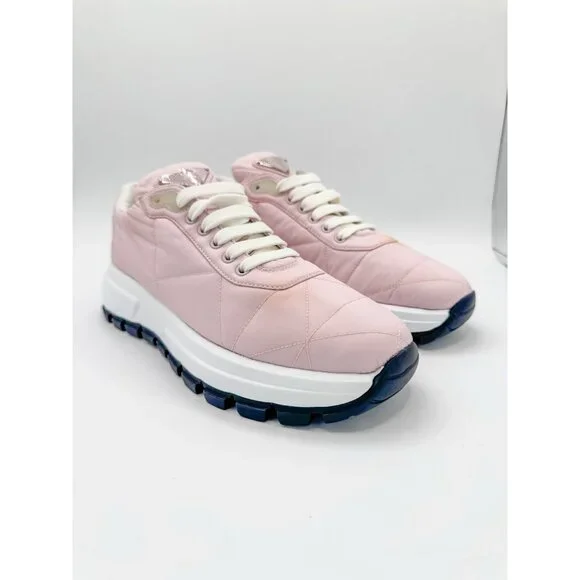 Prada Re-Nylon Piuma Metal Triangle Logo Quilted 45mm Sneakers 40 Alabastro - Picture 4 of 11